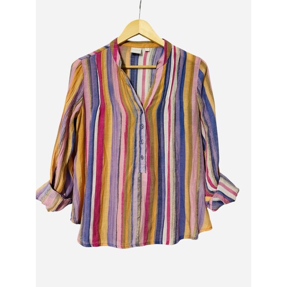 Zac & Rachel TOP (Medium) LONG SLEEVE BUTTON DOWN Striped MULTICOLOR Pink Purple - Picture 1 of 5